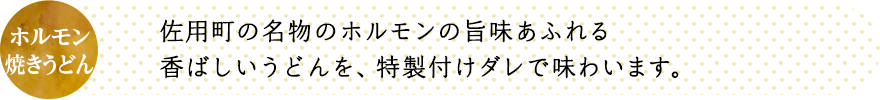 佐用町の名物のホルモンの旨味あふれる香ばしいうどんを、特製付けダレで味わいます。