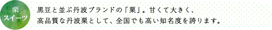 黒豆と並ぶ丹波ブランドの「栗」。甘くて大きく、高品質な丹波栗として、全国でも高い知名度を誇ります。